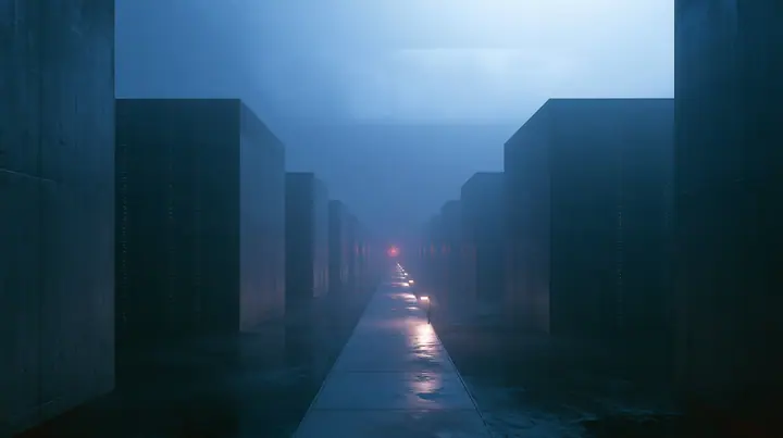 a vast brutalist data hall at blue hour, endless rows of dark server towers receding into fog, a single narrow catwalk of wet concrete down the middle lit by a line of small floor lights, one red status lamp far away…