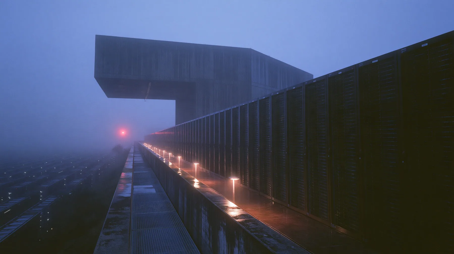 a vast brutalist data hall at blue hour, endless rows of dark server towers receding into fog, a single narrow catwalk of wet concrete down the middle lit by a line of small floor lights, one red status lamp far away…