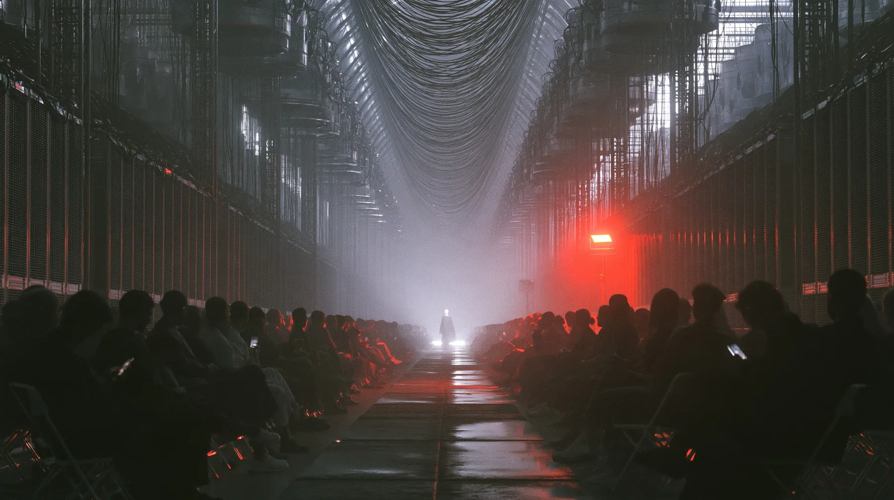 a fashion show front row inside a colossal server hall, rows of folding chairs with silhouetted guests holding phones, the catwalk a strip of wet concrete between them, towering cooling units and cables overhead like…