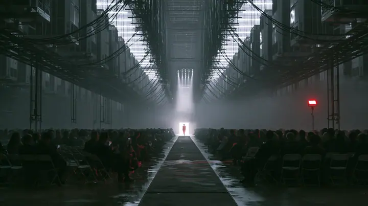 a fashion show front row inside a colossal server hall, rows of folding chairs with silhouetted guests holding phones, the catwalk a strip of wet concrete between them, towering cooling units and cables overhead like…