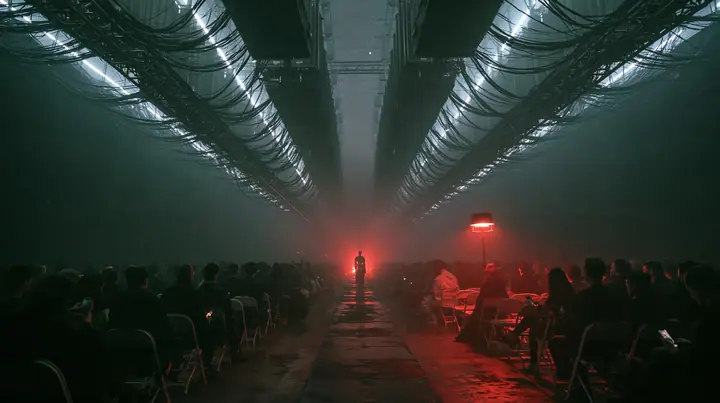 a fashion show front row inside a colossal server hall, rows of folding chairs with silhouetted guests holding phones, the catwalk a strip of wet concrete between them, towering cooling units and cables overhead like…