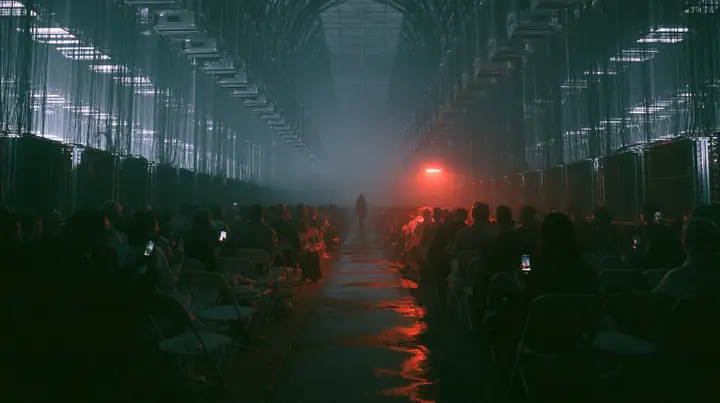 a fashion show front row inside a colossal server hall, rows of folding chairs with silhouetted guests holding phones, the catwalk a strip of wet concrete between them, towering cooling units and cables overhead like…