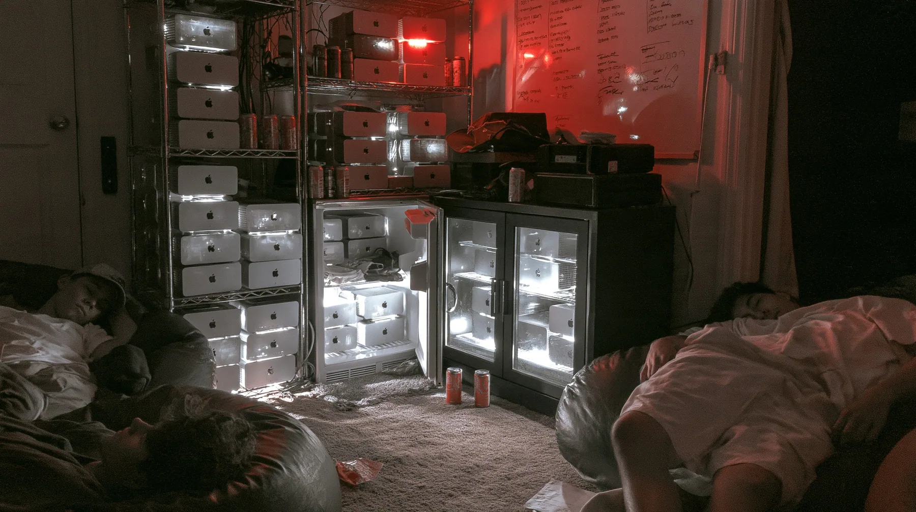 a San Francisco hacker house living room at 3am, stacks of Mac mini computers on shelves and in an open fridge glowing softly, energy drink cans, a whiteboard, people asleep on beanbags, monochrome photograph with…