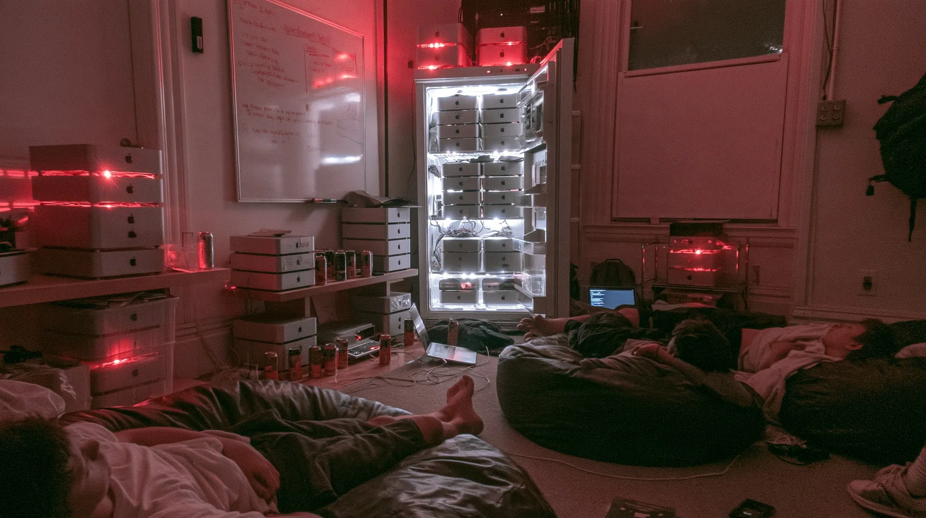 a San Francisco hacker house living room at 3am, stacks of Mac mini computers on shelves and in an open fridge glowing softly, energy drink cans, a whiteboard, people asleep on beanbags, monochrome photograph with…