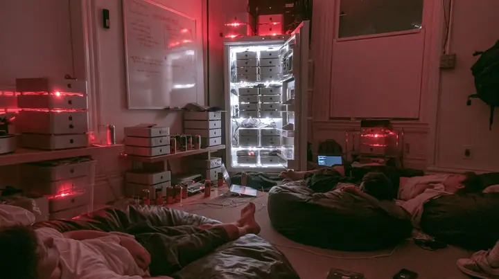 a San Francisco hacker house living room at 3am, stacks of Mac mini computers on shelves and in an open fridge glowing softly, energy drink cans, a whiteboard, people asleep on beanbags, monochrome photograph with…