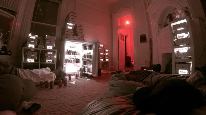 a San Francisco hacker house living room at 3am, stacks of Mac mini computers on shelves and in an open fridge glowing softly, energy drink cans, a whiteboard, people asleep on beanbags, monochrome photograph with…