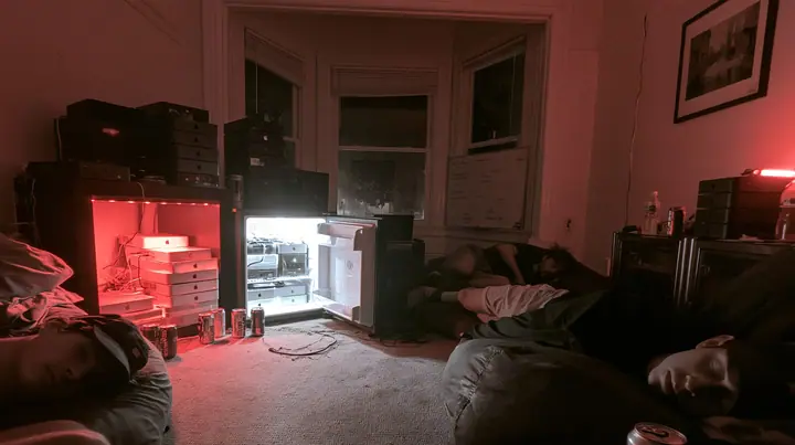 a San Francisco hacker house living room at 3am, stacks of Mac mini computers on shelves and in an open fridge glowing softly, energy drink cans, a whiteboard, people asleep on beanbags, monochrome photograph with…