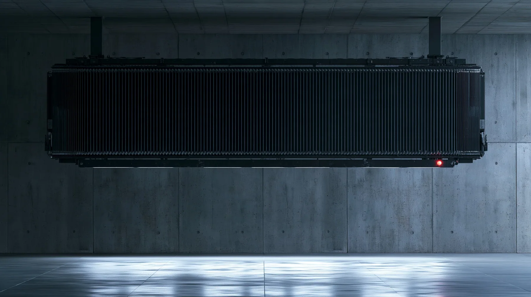 a huge mechanical split-flap departures board hanging in a dark concrete hall, all flaps blank, soft reflections, cold light, monochrome, one red indicator lamp, shallow depth of field, room for large typography, no…