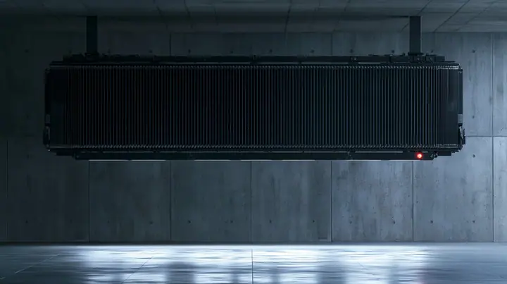 a huge mechanical split-flap departures board hanging in a dark concrete hall, all flaps blank, soft reflections, cold light, monochrome, one red indicator lamp, shallow depth of field, room for large typography, no…