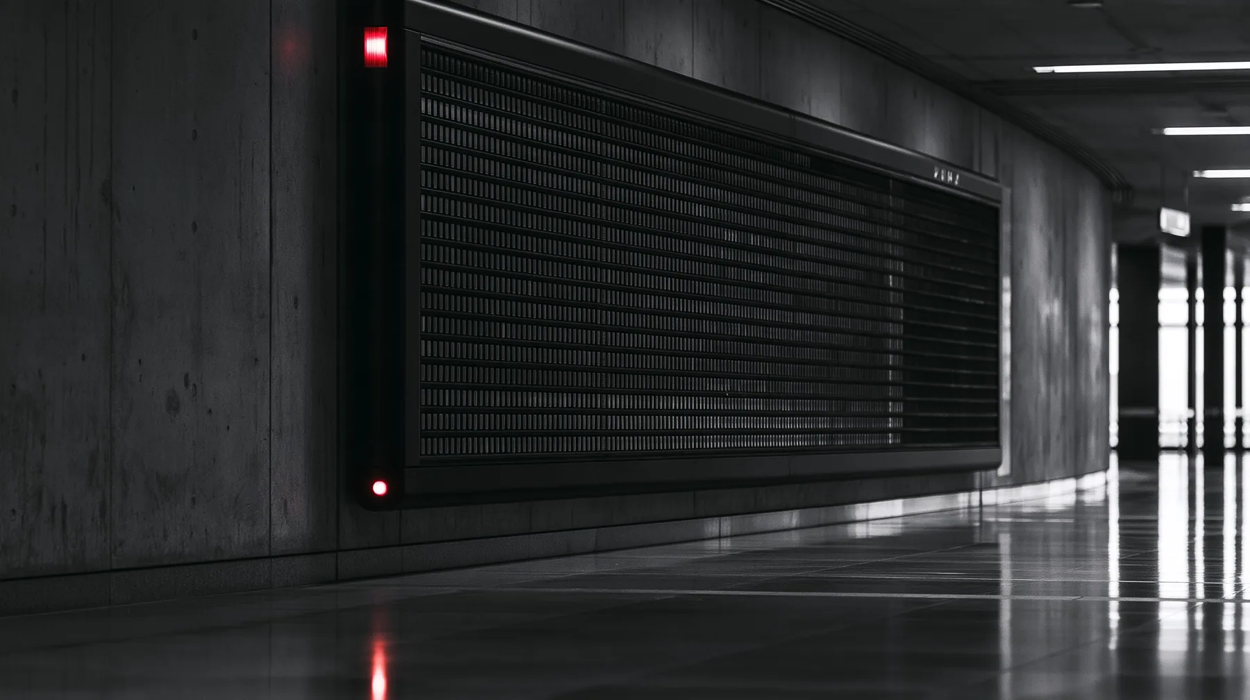 a huge mechanical split-flap departures board hanging in a dark concrete hall, all flaps blank, soft reflections, cold light, monochrome, one red indicator lamp, shallow depth of field, room for large typography, no…