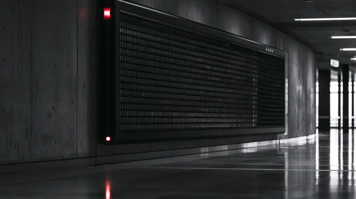 a huge mechanical split-flap departures board hanging in a dark concrete hall, all flaps blank, soft reflections, cold light, monochrome, one red indicator lamp, shallow depth of field, room for large typography, no…