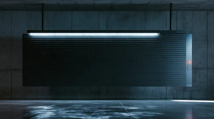 a huge mechanical split-flap departures board hanging in a dark concrete hall, all flaps blank, soft reflections, cold light, monochrome, one red indicator lamp, shallow depth of field, room for large typography, no…