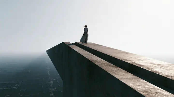 a long concrete catwalk tilting upward and lifting off into a pure white overexposed sky, the dark server hall falling away below, a small figure in a pleated skirt at the far end with the wind in her clothes,…