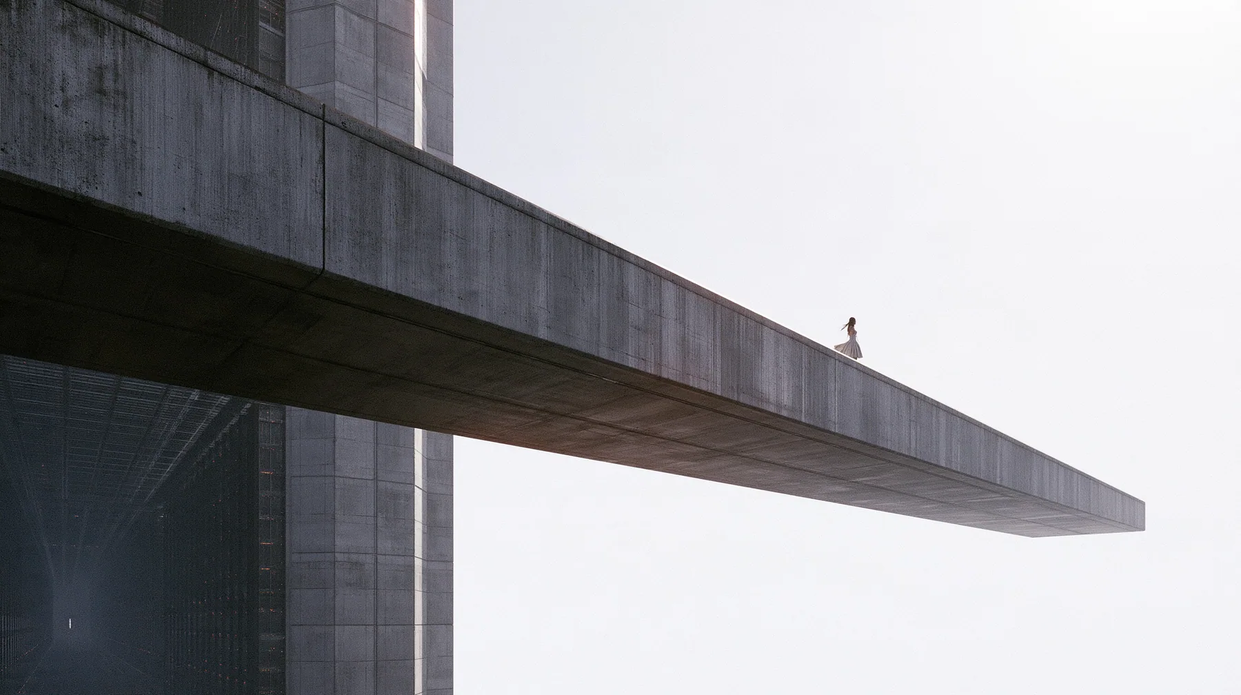 a long concrete catwalk tilting upward and lifting off into a pure white overexposed sky, the dark server hall falling away below, a small figure in a pleated skirt at the far end with the wind in her clothes,…