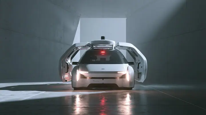 a driverless white robotaxi with a spinning roof sensor pulled up at the end of a fashion catwalk inside a foggy concrete hall, doors open, headlights cutting through fog like show lights, monochrome, one red brake…