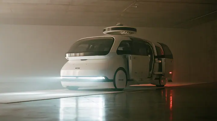 a driverless white robotaxi with a spinning roof sensor pulled up at the end of a fashion catwalk inside a foggy concrete hall, doors open, headlights cutting through fog like show lights, monochrome, one red brake…