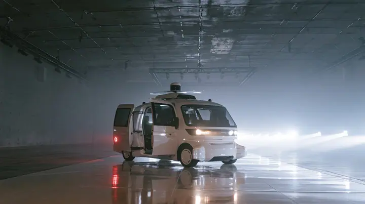 a driverless white robotaxi with a spinning roof sensor pulled up at the end of a fashion catwalk inside a foggy concrete hall, doors open, headlights cutting through fog like show lights, monochrome, one red brake…