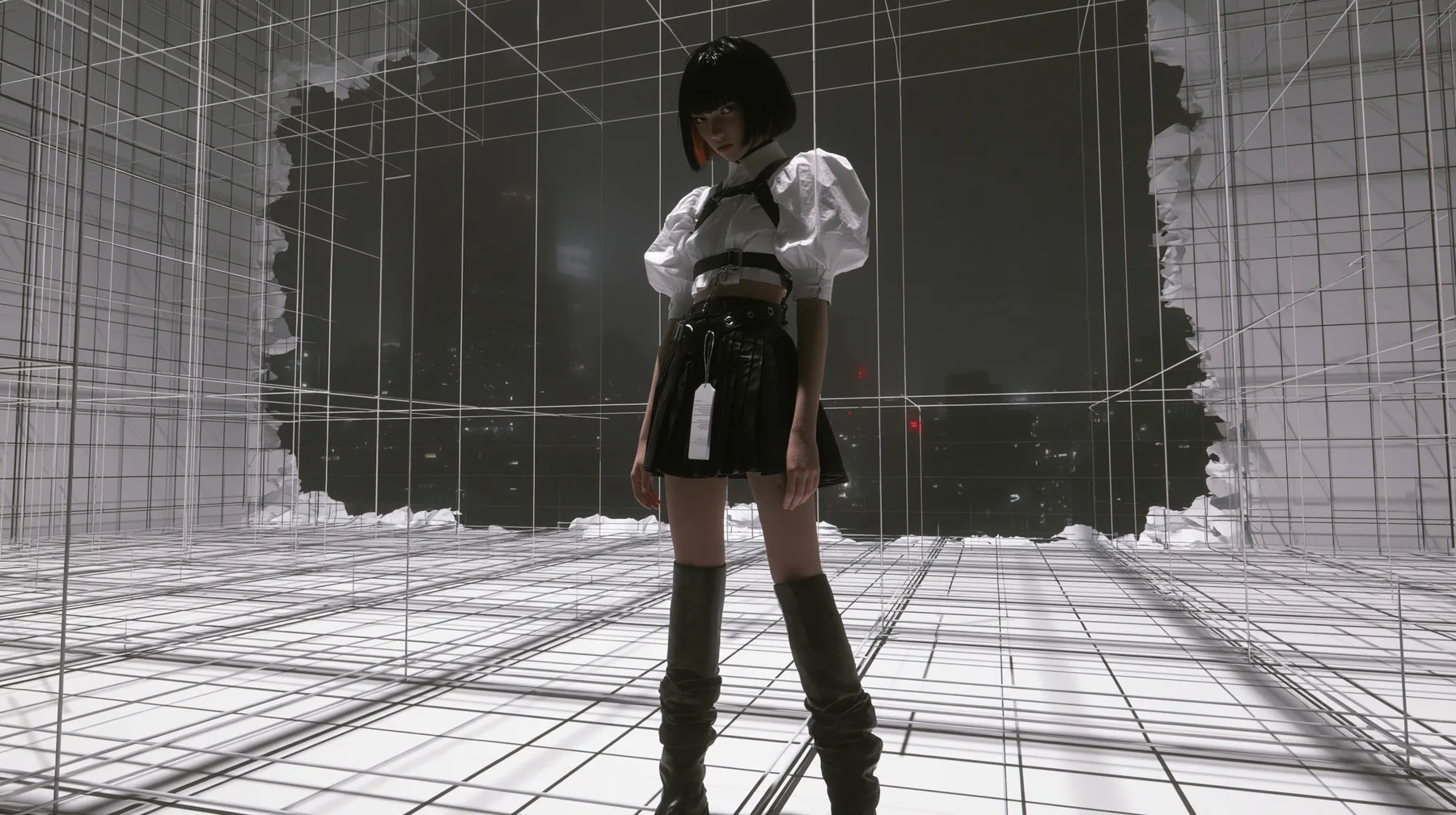 a white wireframe grid test arena floor and walls peeling away like paper to reveal a dark foggy city behind, a young woman with a glossy black blunt bob with heavy bangs and one clay-orange streak, a white cropped…