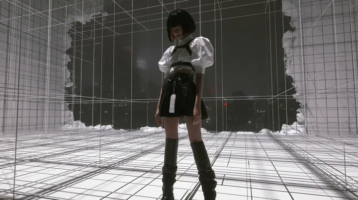 a white wireframe grid test arena floor and walls peeling away like paper to reveal a dark foggy city behind, a young woman with a glossy black blunt bob with heavy bangs and one clay-orange streak, a white cropped…