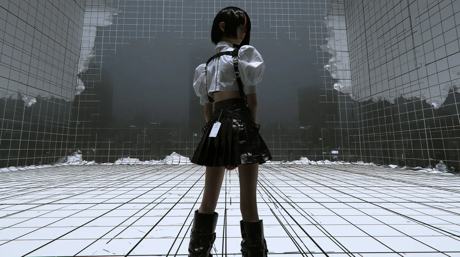 a white wireframe grid test arena floor and walls peeling away like paper to reveal a dark foggy city behind, a young woman with a glossy black blunt bob with heavy bangs and one clay-orange streak, a white cropped…