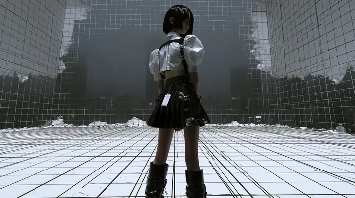 a white wireframe grid test arena floor and walls peeling away like paper to reveal a dark foggy city behind, a young woman with a glossy black blunt bob with heavy bangs and one clay-orange streak, a white cropped…