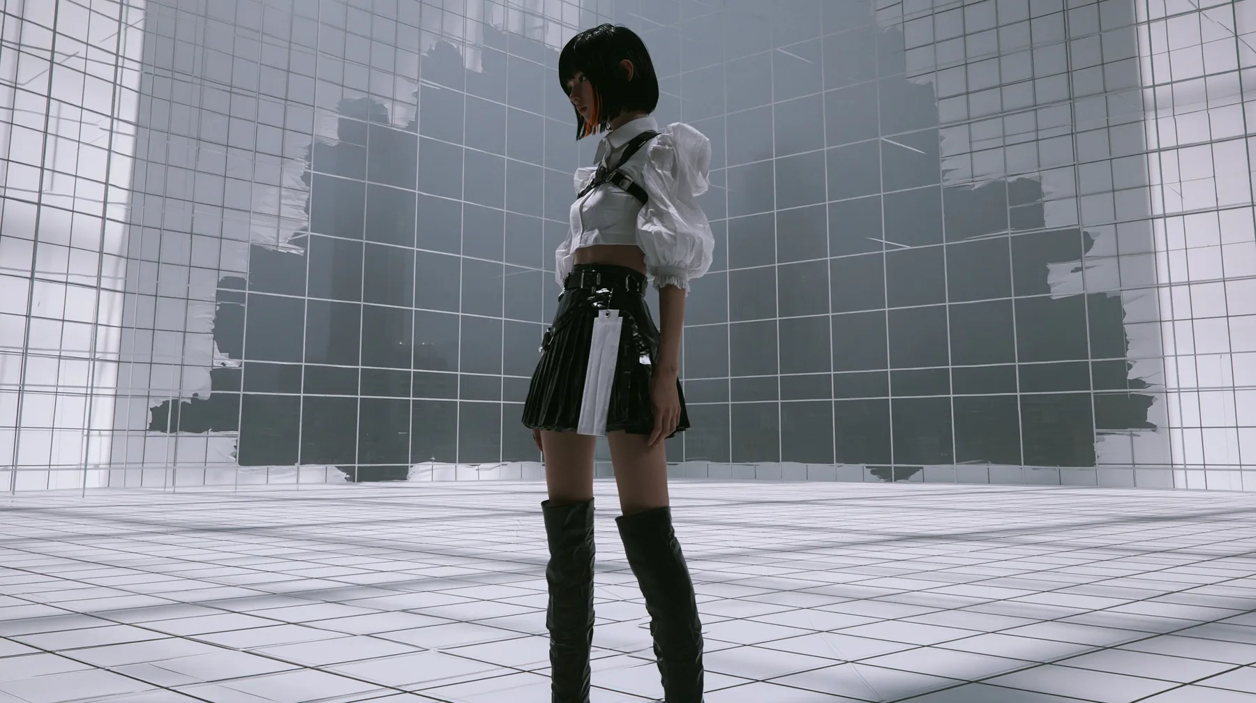 a white wireframe grid test arena floor and walls peeling away like paper to reveal a dark foggy city behind, a young woman with a glossy black blunt bob with heavy bangs and one clay-orange streak, a white cropped…