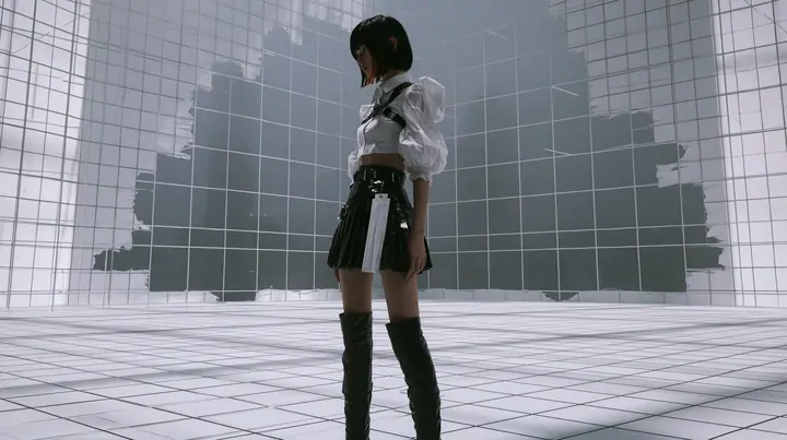 a white wireframe grid test arena floor and walls peeling away like paper to reveal a dark foggy city behind, a young woman with a glossy black blunt bob with heavy bangs and one clay-orange streak, a white cropped…