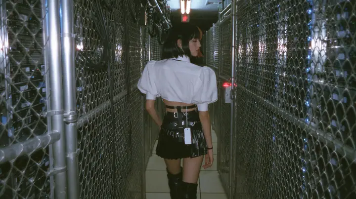 a young woman with a glossy black blunt bob with heavy bangs and one clay-orange streak, a white cropped puff-sleeve shirt, a black pleated skirt with a harness belt and a hanging white garment tag, black knee-high…