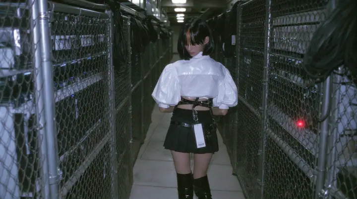a young woman with a glossy black blunt bob with heavy bangs and one clay-orange streak, a white cropped puff-sleeve shirt, a black pleated skirt with a harness belt and a hanging white garment tag, black knee-high…