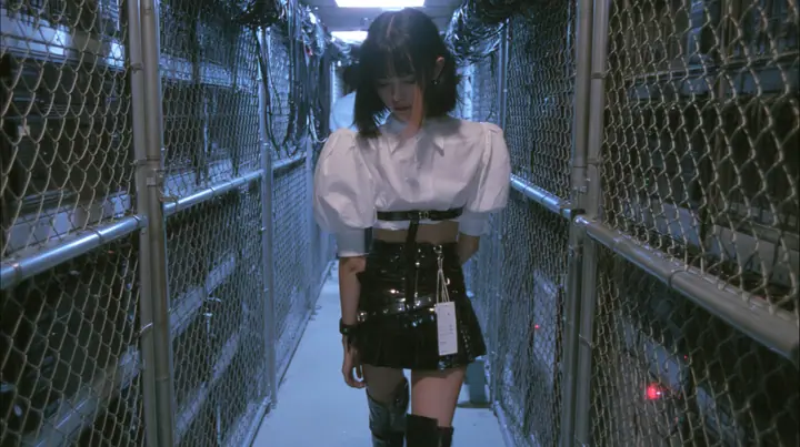 a young woman with a glossy black blunt bob with heavy bangs and one clay-orange streak, a white cropped puff-sleeve shirt, a black pleated skirt with a harness belt and a hanging white garment tag, black knee-high…