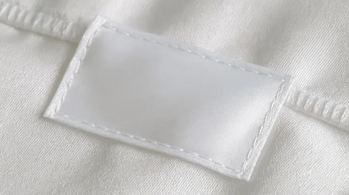 extreme macro photograph of a blank white satin care label sewn into a white technical fabric seam, soft raking light, high-key, the label face empty, fine grain, no text, no letters, no logos