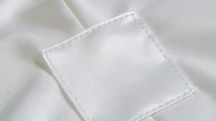 extreme macro photograph of a blank white satin care label sewn into a white technical fabric seam, soft raking light, high-key, the label face empty, fine grain, no text, no letters, no logos