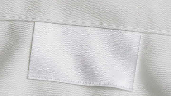 extreme macro photograph of a blank white satin care label sewn into a white technical fabric seam, soft raking light, high-key, the label face empty, fine grain, no text, no letters, no logos