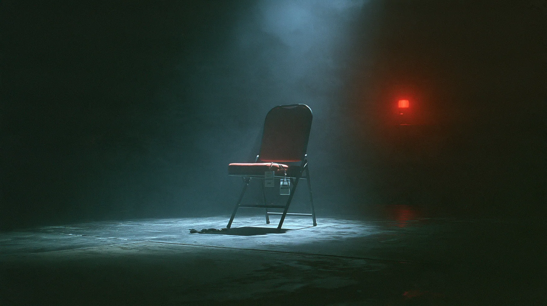 a single empty folding chair in a front row lit by one spotlight, a staff lanyard badge lying on the seat, darkness around, fog, cinematic 35mm film still, fine silver grain, blue-black night palette, one small red…
