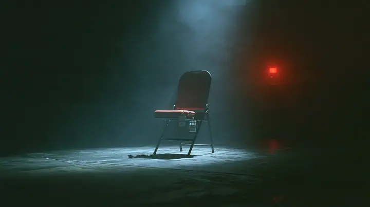 a single empty folding chair in a front row lit by one spotlight, a staff lanyard badge lying on the seat, darkness around, fog, cinematic 35mm film still, fine silver grain, blue-black night palette, one small red…