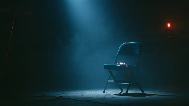 a single empty folding chair in a front row lit by one spotlight, a staff lanyard badge lying on the seat, darkness around, fog, cinematic 35mm film still, fine silver grain, blue-black night palette, one small red…