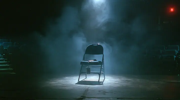 a single empty folding chair in a front row lit by one spotlight, a staff lanyard badge lying on the seat, darkness around, fog, cinematic 35mm film still, fine silver grain, blue-black night palette, one small red…