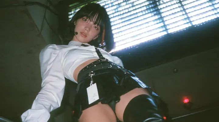 medium close-up of a young woman with a glossy black blunt bob with heavy bangs and one clay-orange streak, a white cropped puff-sleeve shirt, a black pleated skirt with a harness belt and a hanging white garment…