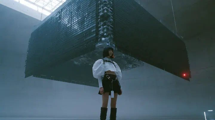 a colossal mechanical split-flap departures board hanging in a dark concrete hall, all flaps blank black, a young woman with a glossy black blunt bob with heavy bangs and one clay-orange streak, a white cropped…