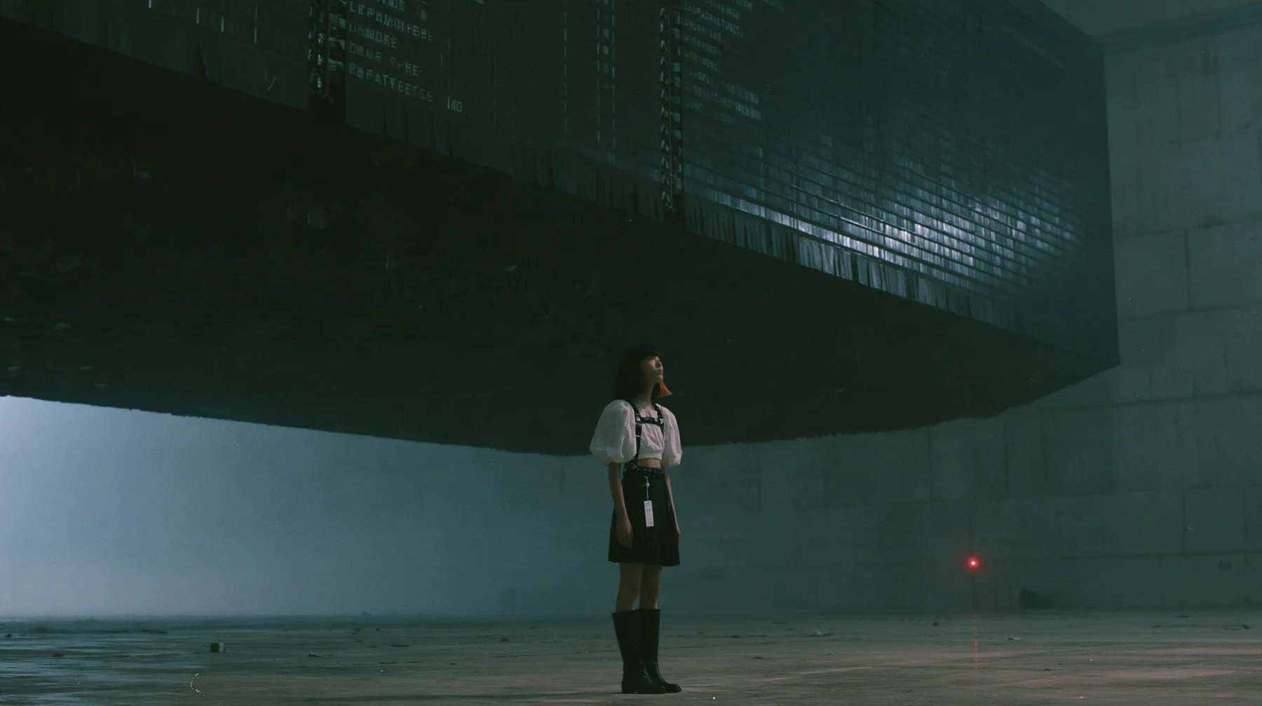 a colossal mechanical split-flap departures board hanging in a dark concrete hall, all flaps blank black, a young woman with a glossy black blunt bob with heavy bangs and one clay-orange streak, a white cropped…