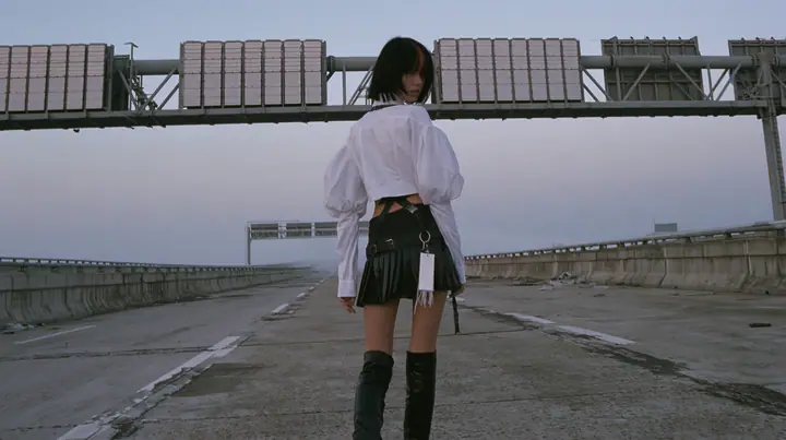 a young woman with a glossy black blunt bob with heavy bangs and one clay-orange streak, a white cropped puff-sleeve shirt, a black pleated skirt with a harness belt and a hanging white garment tag, black knee-high…