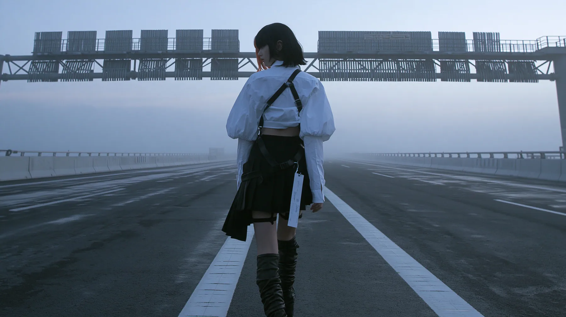 a young woman with a glossy black blunt bob with heavy bangs and one clay-orange streak, a white cropped puff-sleeve shirt, a black pleated skirt with a harness belt and a hanging white garment tag, black knee-high…