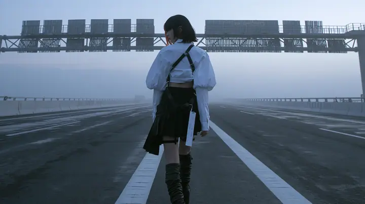 a young woman with a glossy black blunt bob with heavy bangs and one clay-orange streak, a white cropped puff-sleeve shirt, a black pleated skirt with a harness belt and a hanging white garment tag, black knee-high…