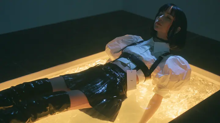 a young woman with a glossy black blunt bob with heavy bangs and one clay-orange streak, a white cropped puff-sleeve shirt, a black pleated skirt with a harness belt and a hanging white garment tag, black knee-high…