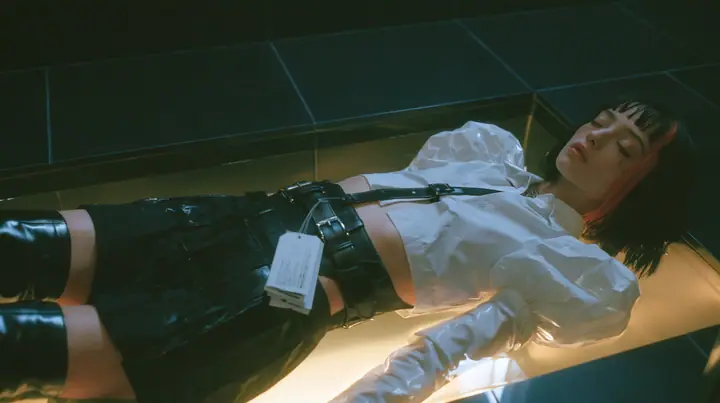a young woman with a glossy black blunt bob with heavy bangs and one clay-orange streak, a white cropped puff-sleeve shirt, a black pleated skirt with a harness belt and a hanging white garment tag, black knee-high…