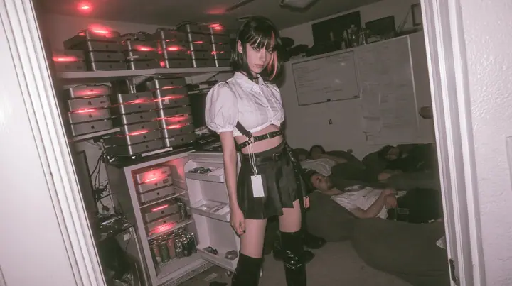 a San Francisco hacker house living room at 3am, stacks of Mac mini computers glowing on shelves and inside an open fridge beside energy drink cans, a whiteboard, people asleep on beanbags, a young woman with a…