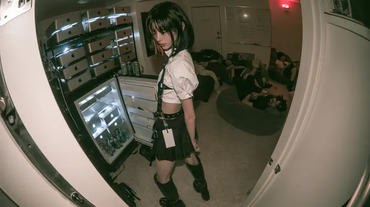 a San Francisco hacker house living room at 3am, stacks of Mac mini computers glowing on shelves and inside an open fridge beside energy drink cans, a whiteboard, people asleep on beanbags, a young woman with a…