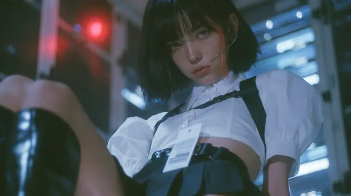 close-up portrait of a young woman with a glossy black blunt bob with heavy bangs and one clay-orange streak, a white cropped puff-sleeve shirt, a black pleated skirt with a harness belt and a hanging white garment…