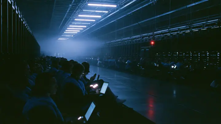 a fashion show front row inside a colossal server hall at night, rows of silhouetted guests in fleece vests holding up glowing laptops and phones, the catwalk empty and wet, fog and cold blue light, cinematic 35mm…