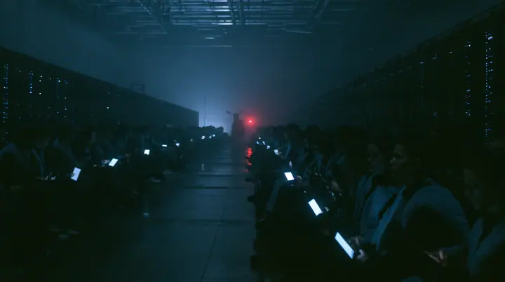 a fashion show front row inside a colossal server hall at night, rows of silhouetted guests in fleece vests holding up glowing laptops and phones, the catwalk empty and wet, fog and cold blue light, cinematic 35mm…